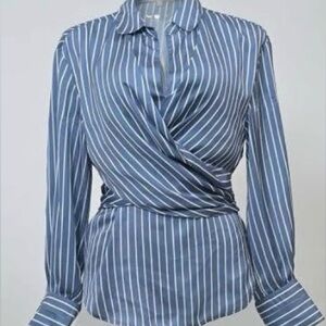 Maje Cosa Blue and White Striped Wrap Blouse.